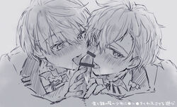 2boys 3boys adult blush censored_penis collaborative_fellatio double_blowjob drooling fellatio grayscale heathcliff_blanchett licking mahoyaku promise_of_wizard saliva shino_sherwood teamwork threesome ting_come tongue tongue_out