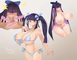 1boy 1girls areolae besthetz big_breasts bikini blowjob blue_eyes blue_hair breasts fellatio female hair_ribbon high_resolution huge_breasts large_breasts long_hair nipples oral panty_&_stocking_with_garterbelt penis stocking_anarchy thick_thighs thighs twintails two_tone_hair veiny_penis wide_hips