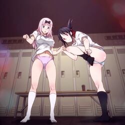 1:1_aspect_ratio 2girls :o archway_of_venus ass bangs black_bow black_hair black_legwear black_socks blue_eyes blue_panties blue_underwear blunt_bangs blush body_blush bow breasts cameltoe changing_room chikaguya closed_mouth eyebrows_visible_through_hair female female_only folded_ponytail from_below fujiwara_chika full_body groin hair_ornament hair_ribbon hairbow hand_on_another's_arm high_resolution human indoors kaguya-sama_wa_kokurasetai_~tensai-tachi_no_renai_zunousen~ knee_socks kneehighs large_breasts light-skinned locker locker_room long_hair looking_at_viewer multiple_girls navel no_shoes open_mouth pantsu pink_hair pink_panties ponytail red_eyes red_ribbon ribbon sbel02 shinomiya_kaguya shirt short_sleeves small_breasts socks standing standing_on_one_leg tied_hair underwear undressing viewed_from_below voyeurism white_legwear white_shirt white_socks