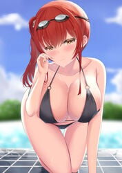 1girls 2019 alternate_costume arm_support azur_lane bangs bare_shoulders bikini black_bikini blue_sky blurry blurry_background blush breasts brown_eyes cleavage closed_mouth cloud collarbone covered_nipples day eyewear_on_head female female_focus female_only goggles goggles_on_head hair_between_eyes hair_ornament half-closed_eyes hand_on_own_cheek hand_on_own_face hand_up hanging_breasts highres kanade_pa kneeling large_breasts long_hair looking_at_viewer navel o-ring o-ring_bikini o-ring_top outdoors red_hair side_ponytail skindentation sky smile solo solo_female solo_focus strap_gap swimsuit thigh_gap thighs tile_floor tiles tree water wet wet_hair wide_hips zara_(azur_lane) zara_(poolside_coincidence)_(azur_lane)