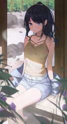 architecture bare_legs bare_shoulders belt black_hair blurry blurry_foreground breasts choker clavicle clothing depth_of_field earrings east_asian_architecture feet_out_of_frame female grey_shorts high_resolution idolmaster jacket jacket_removed jewelry kazano_hiori legs looking_at_viewer mole mole_under_mouth o-ring o-ring_choker on_floor ponytail shirt short_shorts shorts sleeveless sleeveless_shirt small_breasts solo starblue striped striped_shirt tagme the_idolm@ster:_shiny_colors tied_hair vertical_stripes very_high_resolution white_belt wooden_floor