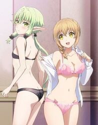 2girls ass asymmetrical_hair black_bow black_bra black_lingerie black_panties black_underwear bow bra braid breasts brown_eyes brown_hair cowboy_shot elf female female_focus female_only goblin_slayer green_eyes green_hair guild_girl_(goblin_slayer) high_elf_archer_(goblin_slayer) high_resolution large_breasts long_hair low_twintails multiple_girls naked_shirt navel nude_filter_request official_art open_clothes open_mouth open_shirt pantsu pink_bra pink_lingerie pink_panties pointed_ears ponytail shirt side_ponytail small_breasts standing tied_hair twintails uncensor_request underwear underwear_only undressing white_shirt