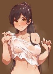 bangs black_hair blush breasts brown_background clavicle female female female_only hair_between_eyes high_resolution idolmaster large_breasts long_hair looking_at_viewer navel no_bra off_shoulder ponytail shirase_sakuya shirt simple_background smile solo tagme the_idolm@ster:_shiny_colors tied_hair tokiwa_midori_(kyokutou_funamushi) waist wet wet_clothes wet_shirt wet_t-shirt white_shirt yellow_eyes