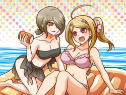 ahoge akamatsu_kaede bikini danganronpa danganronpa_s:_ultimate_summer_camp danganronpa_v3 green_eyes marumarumaru multiple_girls pink_eyes raft smooth_skin swimsuit toujou_kirumi