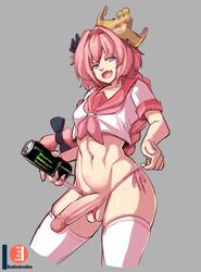 1boy astolfo_(fate) balls_in_panties braid burger_king crossdressing crown cute_fang fate/grand_order fate_(series) femboy girly hung_trap long_hair monster_energy nudiedoodles panties pink_hair solo thighhighs trap