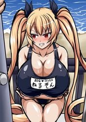 1girls angry azur_lane blonde_hair blush cleavage gritted_teeth huge_breasts long_hair nelson_(azur_lane) one_piece_swimsuit oppai red_eyes school_swimsuit suzumori swimsuit twintails