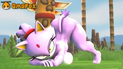 anthro ass ass_up barefoot barefoot_on_grass blaze_the_cat breasts domestic_cat eyelashes feet felid feline felis female forehead_jewel gem jack-o_pose nipples nude omofox ponytail purple_body solo sonic_(series) toes white_body yellow_eyes