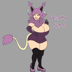 1girls anthro bare_thighs bluueygooey catgirl cleavage curvy delcatty dress elbow_gloves gloves huge_breasts milf personification pokemon purple_hair smile solo thick_thighs thighhighs v voluptuous wide_hips