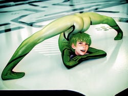 1boy 3d ass bodysuit bulge femboy flexible girly green_hair jack-o_pose looking_at_viewer male male_only original soft_shading solo spread_legs trap yuni