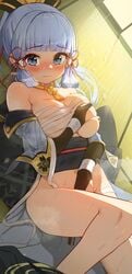 absurdres armor bangs blue_eyes blunt_bangs blush breasts covering covering_crotch eyebrows_visible_through_hair female genshin_impact grabbing_own_breast groping hair_ornament hair_ribbon highres japanese_clothes kamisato_ayaka keureu_(tiqkdtiqkd10) long_hair looking_at_viewer lying mole mole_under_eye on_back ponytail ribbon sarashi sidelocks smile solo