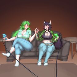 2girls animal_ears animal_tail arisa_(sukkurokun) beer beer_bottle big_ass big_breasts black_hair blush bottle casual_clothes crop_top female_only green_hair jacket jeans kid_icarus kid_icarus_uprising lapotato8 nintendo palutena socks sofa sukkurokun tagme thick_thighs thunderthot video_game_controller voluptuous wide_hips wolf_ears wolf_girl wolf_tail