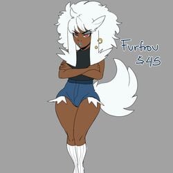 1girls ? afro angry anthro bare_thighs blue_lipstick bluueygooey crossed_arms dark-skinned_female dark_skin dog_girl eyeshadow frown furfrou lipstick long_hair makeup milf personification pokemon red_eyes shorts solo thick_thighs white_hair