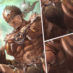 1boy abs animal_skull bar_censor bara bare_pectorals black_male_underwear brown_hair bulge censored collage feather_necklace flaccid from_below housamo large_pectorals loincloth looking_at_viewer male_focus male_only male_pubic_hair male_underwear mature_male multicolored_hair muscular muscular_male navel nipples pectorals penis pubic_hair revealing_clothes reward_available short_hair sideburns spiked_hair stomach syu0909 tangaroa tattoo thighs tokyo_afterschool_summoners tokyo_houkago_summoners tooth_necklace tribal_tattoo two-tone_hair underwear white_hair yellow_eyes