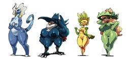 anthro aurorus avian big_breasts bittenhard breast_size_difference breasts elemental_creature female flora_fauna fossil_pokémon genitals group hand_on_hip honchkrow huge_breasts larger_female leavanny ludicolo nintendo nipples nude plant pokémon_(species) pokemon pussy simple_background size_difference smaller_female thick_thighs video_games white_background