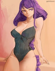 braided_hair female gelldraws genshin_impact long_braid long_hair purple_eyes purple_hair raiden_shogun solo swimsuit