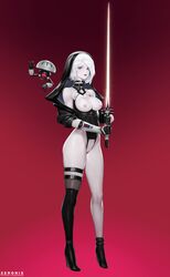 1girls alternate_costume breasts_out crotchless_leotard female high_heels ineffective_clothing lightsaber nier:_automata pod_(nier) sith solo star_wars weapon yorha_2b zeronis