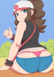 1girls 2020s 2021 ass ass_cleavage big_ass big_butt black_jacket blue_bottomwear blue_eyes breasts brown_hair bushes butt_crack cap denim_shorts exposed_pocket fat_ass female female_only fully_clothed happy hat hilda_(pokemon) jacket kabeume large_ass logo_on_headwear long_hair looking_at_viewer looking_back looking_back_at_viewer manga minishorts nintendo outdoors panties pink_thong pink_underwear pokemon pokemon_bw rear_view shiny_ass shiny_hair shiny_legs shiny_skin shorts sitting sitting_on_object smile snapback solo solo_female thick_ass thong thumbs_up tomboy two_tone_headwear visor_cap whale_tail wristband