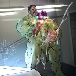 1boy avengers avengers:_endgame cum excessive_cum green-skinned_male green_skin hulk hulk_(series) infinity_gauntlet male male_only marvel marvel_cinematic_universe masturbation mature mature_male milkywaybara nano_gauntlet professor_hulk solo solo_male