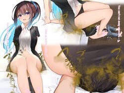 1boy 1girls black_panties blush brown_hair censored clothed dyed_hair english_text facesitting fart fart_cloud fart_fetish farting farting_in_face female_domination femdom looking_at_viewer panties ponytail purple_eyes smile text tsuchiro