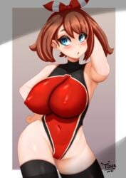 1girls 2021 :o alternate_breast_size arm_up armpits artist_signature black_thighhighs blue_eyes blush bodysuit breasts brown_hair competition_swimsuit erect_nipples erect_nipples_under_clothes female female_focus female_only hips huge_breasts looking_at_viewer may_(pokemon) may_(pokemon_oras) medium_hair nintendo nipples one-piece_swimsuit pokemon pokemon_oras red_one-piece_swimsuit red_ribbon red_swimsuit ribbon ribbon_in_hair simple_background slim_waist swimsuit thick_thighs thighhighs thighs tiger1001 white_border wide_hips