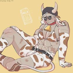 bikini blush cow_bikini cow_ears cow_horns cow_print cow_tail cowbell madness_combat male male_only muscular muscular_male sanford scars solo_male spoopyoranges