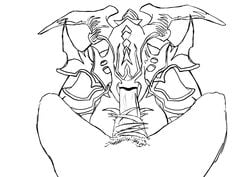 1boy 1boy1girl 1girls :>= armor big_breasts big_penis black_lipstick blowjob blowjob_face breasts demon_girl demon_horns demoness excruciator fantasy female fisherman line_art male raid_shadow_legends sketch smile