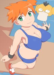 1girls ambiguous_gender aqua_eyes ass ass_cleavage big_ass big_breasts big_butt bike_shorts breasts butt_crack eye_contact kabeume kasumi_(pokemon) large_breasts looking_at_viewer misty_(pokemon) misty_(pokemon_frlg) nintendo nipple_bulge orange_hair pokemon pokemon_frlg pokemon_rgby psyduck short_hair smile spandex_shorts sports_bra thick_thighs thighs tight_clothing