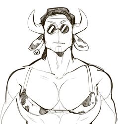 bikini_top breasts cow_ears cow_horns cow_print eggarie madness_combat male_focus male_only male_solo muscular pecs sanford skimpy_clothes solo_male