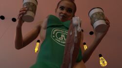 3d 3d_(artwork) big_breasts big_penis breasts coffee cum cum_on_penis futanari iced_latte_with_breast_milk iced_latte_with_dick_milk meme naked_apron psyche3dx starbucks