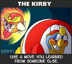 2boys anthro armor attack avian beak bird blue_body blue_eyes blush clothing dorkly duo eager english_text grin hat headgear headwear helmet imminent_anal imminent_fisting king_dedede kirby kirby_(series) male male_only nintendo open_mouth penguin pink_body red_clothing red_hat red_headwear smile teeth text video_games waddling_head