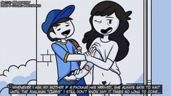 1boy 1girls black_hair blargsnarf bottomless handjob jaiden_animations jaidens_mom mailman outside penis precum public_exposure public_handjob semidraws shirt shirt_lift text wink winking youtube youtuber