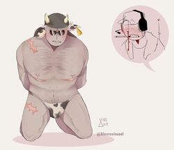 alexrexiscool blush bulge chest_hair cow_ears cow_print hands_behind_back madness_combat male male_only nosebleed sanford scars thong tied_up