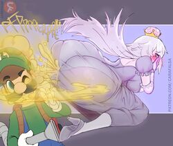 1boy 1girls ass_in_dress big_ass big_butt blush boosette carafalsa dress fart fart_cloud fart_fetish farting farting_in_face looking_back luigi luigi's_mansion mario_(series) new_super_mario_bros._u_deluxe nintendo panties tagme watermark white_hair white_panties