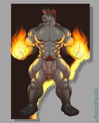 abs anthro balls bara_tits big_chest big_pecs big_pectorals chest equid equine fire genitals hair hi_res horn humanoid hunnipanda male male_only mammal muscles muscular muscular_anthro muscular_arms muscular_humanoid muscular_legs muscular_male nipples nude pecs pectorals penis pubes red_hair solo standing unicorn unicorn_horn