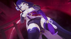 areola embarrassed embrace embracing genshin_impact lucislab medium_breasts nipples panties purple_eyes purple_hair raiden_shogun tagme