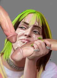 1girls 2boys big_penis billie_eilish black_hair celebrity collar cum facial female female_focus glans green_hair heroforpain jewelry long_fingernails male nail_polish penis photorealism photorealistic real_person realistic ring tagme two_tone_hair unseen_male_face veiny_penis