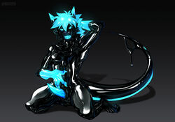 anthro black_body blue_hair dripping genitals glistening glowing glowing_ears glowing_eyes glowing_genitalia glowing_hair glowing_hands glowing_penis glowing_teeth goo_creature grin hair hand_behind_head hand_on_stomach hellomyboi1028 horn kneeling latex_skin living_latex looking_at_viewer male muscular muscular_anthro muscular_male nude penis rubber simple_background smile solo teeth