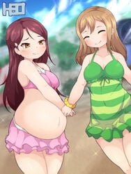 2girls bad_id big_belly big_breasts bikini brown_hair heo kunikida_hanamaru long_hair love_live! love_live!_sunshine!! pregnant red_hair sakurauchi_riko smile swimsuit yellow_eyes younger_female yuri