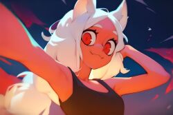 1girls ai_generated armpits arms_up cerberus_(helltaker) clothing demon demon_girl dog_ears dog_girl female female_only helltaker long_hair red_eyes selfie solo tank_top white_hair