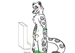 absurd_res animal_genitalia animal_penis anthro balls blush bodily_fluids coalcolorhusky felid feline_genitalia feline_penis genital_fluids genitals hi_res holding_balls karno_(coalcolorhusky) male mammal pantherine peeing penis sheath simple_background snow_leopard solo standing tail urinal urine white_background white_body