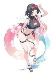 absurdres animal_ears arm_strap bag bikini black_bikini black_hair breasts chamaru5963 eyewear_on_head female food_in_mouth full_body green_eyes highres holding holding_swim_ring innertube jane_doe_(zenless_zone_zero) large_breasts long_hair long_tail mouse_ears mouse_girl mouse_tail navel pink-framed_eyewear shoulder_bag smile string_bikini swim_ring swimsuit tail tail_around_own_leg thigh_strap torn_cloth zenless_zone_zero