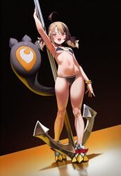 1girls ahoge ai_generated anchor belly belly_button black_bra black_panties blonde_hair blush brown_hair cameltoe female gigi_murin hololive hololive_english navel pole pole_dancing small_breasts smile thighs virtual_youtuber