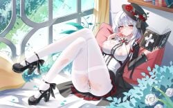 absurdres black_hat black_shoes blush book breasts censored chinese_commentary closed_mouth commentary_request crossed_legs day female fingernails flower full_body hands_up hat hat_flower high_heels highres holding holding_book indoors jndfh large_breasts looking_at_viewer mosaic_censoring nail_polish nipples original pantyhose pussy red_eyes see-through_clothes shoes sitting solo torn_clothes torn_pantyhose wet wet_clothes white_flower