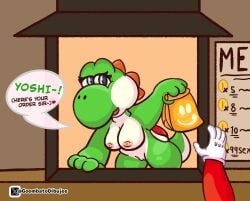1boy 1girls anthro blue_eyes breasts clothed clothing duo english_text female genitals gloves goombato_dibujos green_body green_yoshi handwear hi_res human male mammal mario mario_(series) mario_kart mario_kart_world nintendo pussy reptile scalie short_tail simple_background solo speech_bubble tail text vulva yoshi
