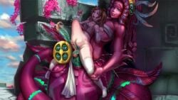 2girls blue_eyes breasts hair_ornament large_breasts long_hair monster_girl multiple_girls nude