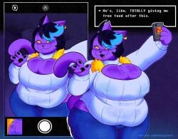 2025 ahoge anthro ass belly big_breasts black_eyes black_hair black_pawpads body_writing breasts camera_view catty_(undertale) cleavage cleavage_cutout clothed clothing cutout dialogue dialogue_box domestic_cat ear_piercing ear_ring electronics english_text eye_through_hair fangs felid feline felis female fur gesture hair hand_gesture hand_pawpads hi_res highlights_(coloring) holding_object holding_phone keyhole_turtleneck mammal navigator8 nipple_outline overweight overweight_anthro overweight_female pawpads phone piercing pose purple_body purple_fur ring_piercing selfie solo sweater teeth text text_box topwear translucent translucent_hair trash_can turtleneck undertale undertale_(series) v_sign wide_hips writing_on_butt yellow_sclera