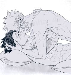 2boys abs bakudeku bakugou_katsuki bed blush boku_no_hero_academia bones_(company) crying curly_hair freckles gin_mha_47 green_hair happy_tears izuku_midoriya katsuki_bakugou messy_hair midoriya_izuku my_hero_academia on_bed pectorals scar_on_arm sex shounen_jump smile spiked_hair tears yaoi