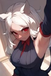 1girls ai_generated armpits arms_up cerberus_(helltaker) clothing demon demon_girl detached_sleeves dog_ears dog_girl female female_only helltaker long_hair red_eyes solo white_hair