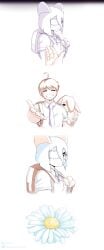 2girls1boy blue_hair brown_fur brown_hair comic dylan_(gammainks) eevee eeveelution eye_patch gammainks hi_res kirlia mandy_(gammainks) nintendo pokemon pokemon_(species) reaching_out school_uniform shiny_pokemon smile sunflower tie valerie_(gammainks)