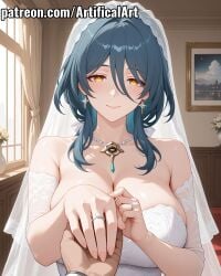 1girls ai_generated artifical_art big_breasts blue_hair bride grey_hair honkai:_star_rail honkai_(series) hoyoverse light-skinned_female light_skin long_hair mature_female mihoyo milf mommy mother natasha_(honkai:_star_rail) perfect_body ponytail tied_hair yellow_eyes